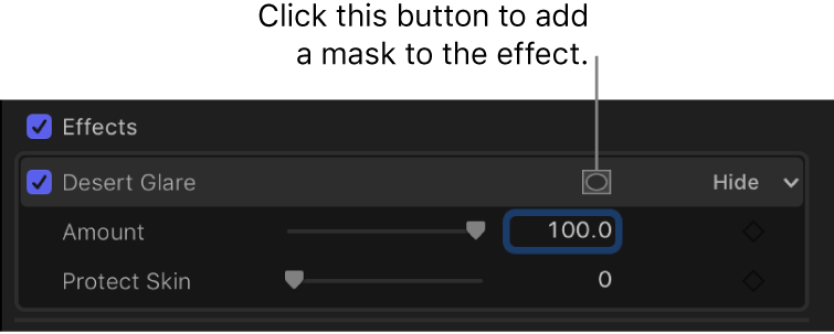 La sección Efectos del inspector de vídeo con el botón “Aplicar máscaras de efecto” de un efecto