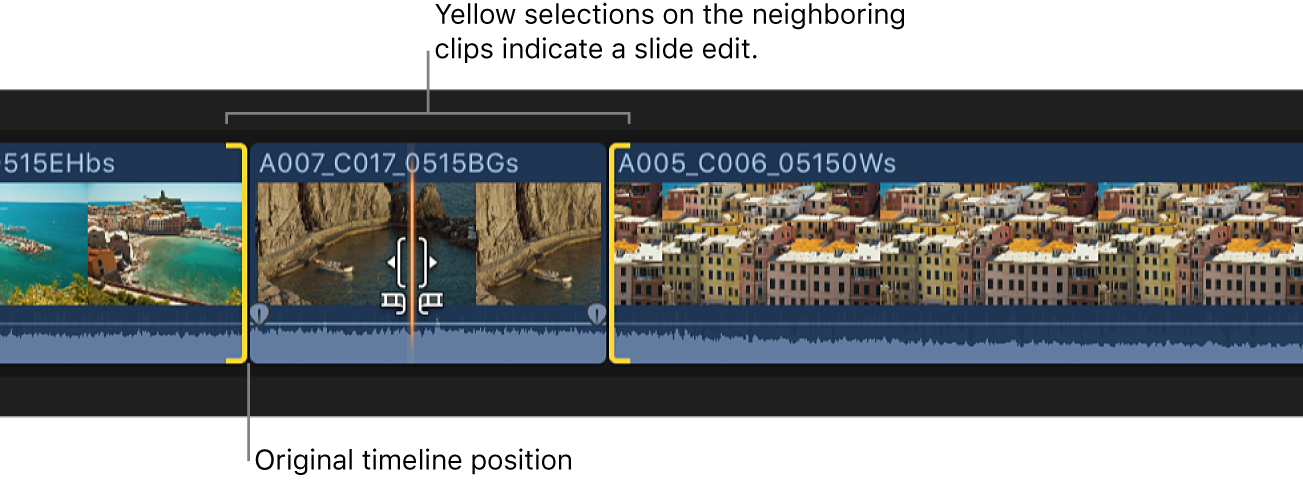 Clip arrastrado en la línea de tiempo con la tecla Opción pulsada, con selecciones amarillas en los clips contiguos que indican una edición Slide