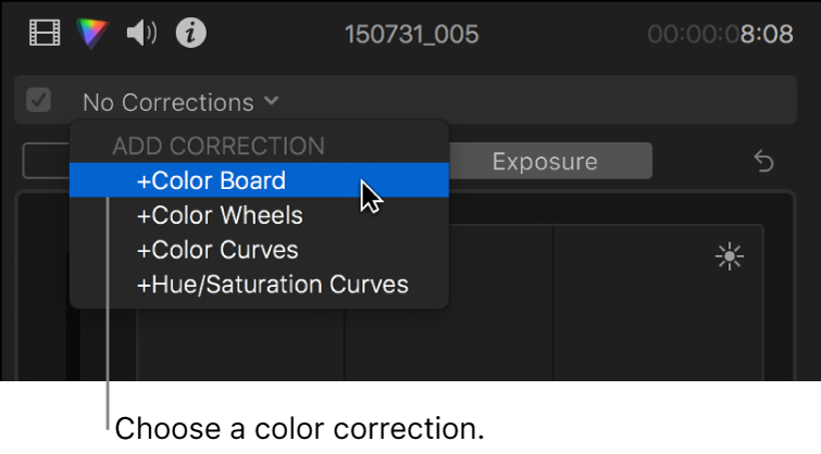 Opción “Tablero de colores” seleccionada en la sección “Añadir corrección” del menú desplegable de la parte superior del inspector de color
