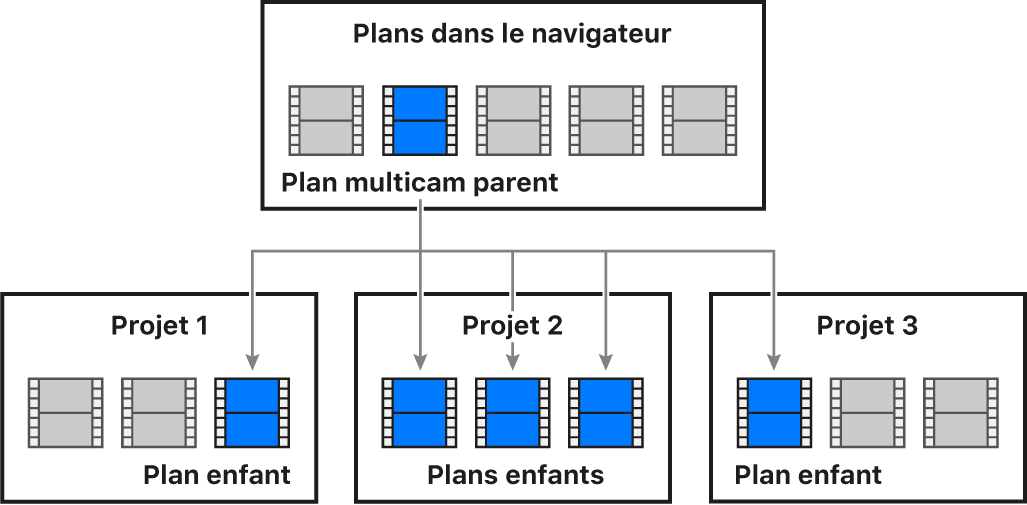 Diagramme illustrant la relation entre un plan multicam parent dans le navigateur et les plans multicam enfants dans trois projets différents
