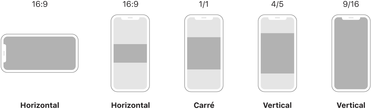 Différentes proportions sur l’écran d’un smartphone, comprenant un projet horizontal avec des proportions 16/9, un projet au format carré avec des proportions 1/1, un projet à la verticale avec des proportions 4/5 et un projet à la verticale avec des proportions 9/16