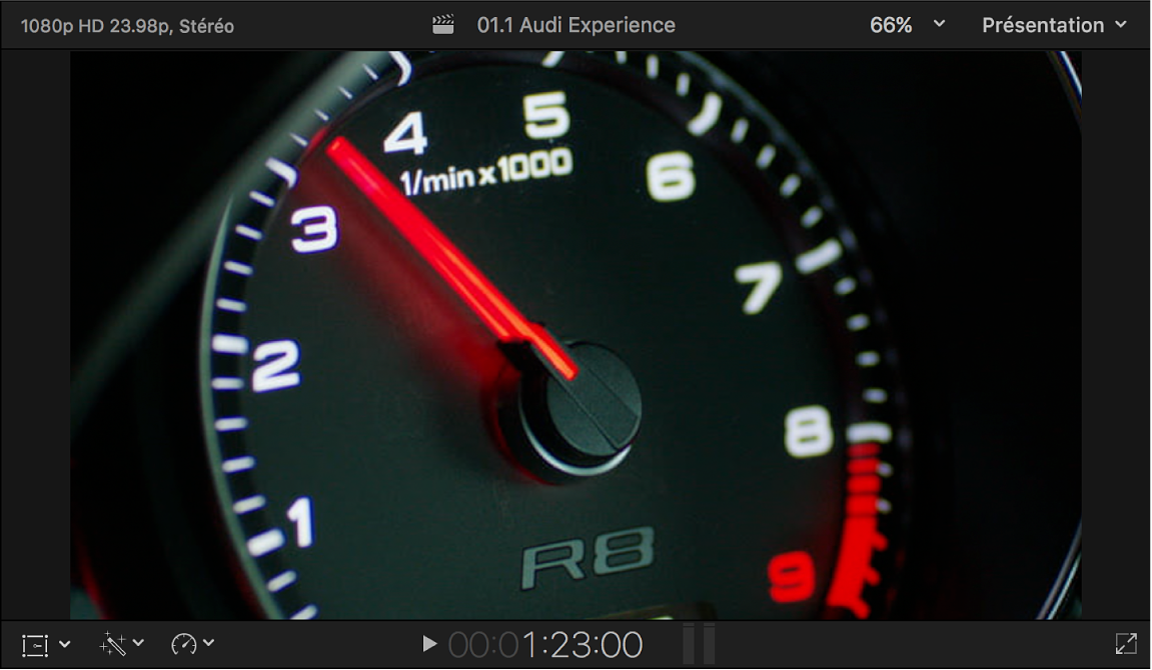 Visualiseur affichant la vidéo de premier plan à incruster en luminance avec l’image d’un compteur de vitesse