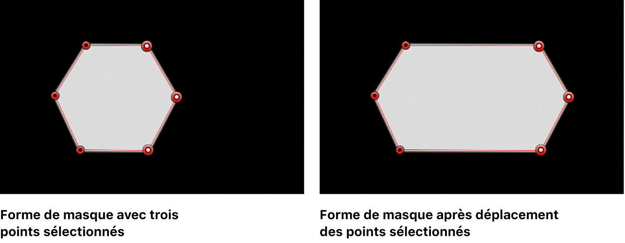 Visualiseur affichant une forme de masque avant et après le déplacement vers la droite de trois points de contrôle