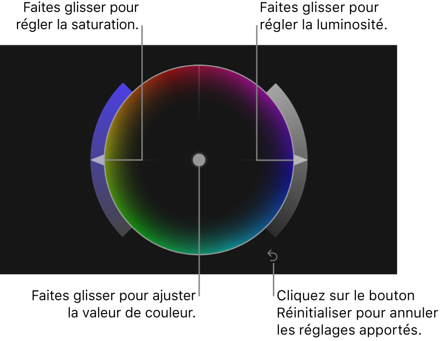 Commande de la balance des couleurs, curseur Saturation, curseur Luminosité et bouton Réinitialiser pour une roue des couleurs