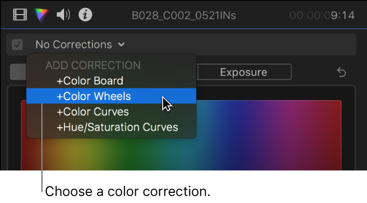 「カラー」インスペクタの上部にあるポップアップメニューの「補正を追加」セクション