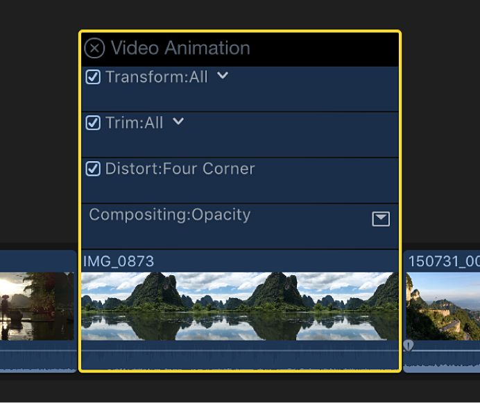 タイムラインのビデオクリップの上に表示されている「ビデオアニメーション」エディタ
