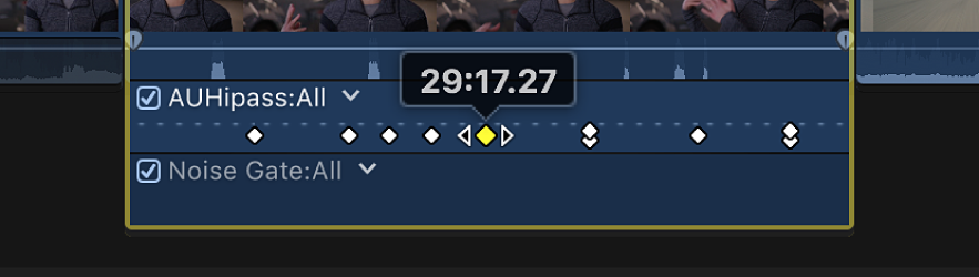 在音频动画编辑器中拖移的关键帧，其中时间码值显示在关键帧的上方