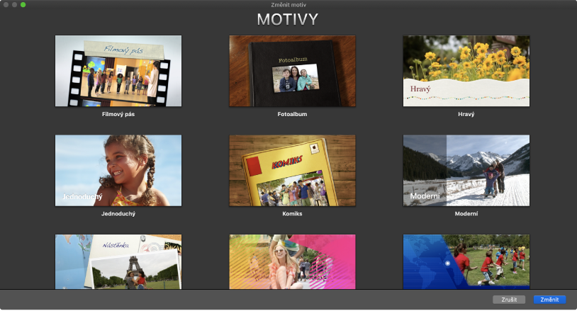 Okno pro změnu motivu se zobrazenými miniaturami motivů filmů