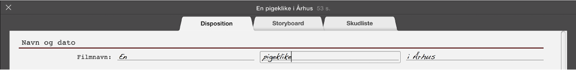 Tekst skrives i vinduet Disposition til forfilm