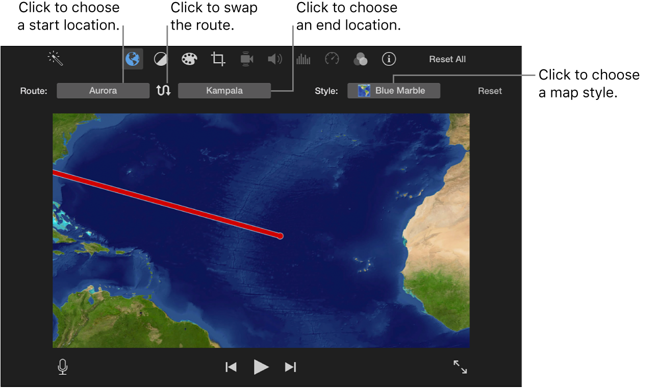 Animated travel map controls above viewer for setting start and end location, swapping route direction, and choosing map style