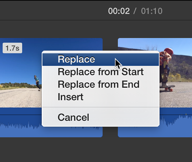 Menu in timeline showing clip replacement options