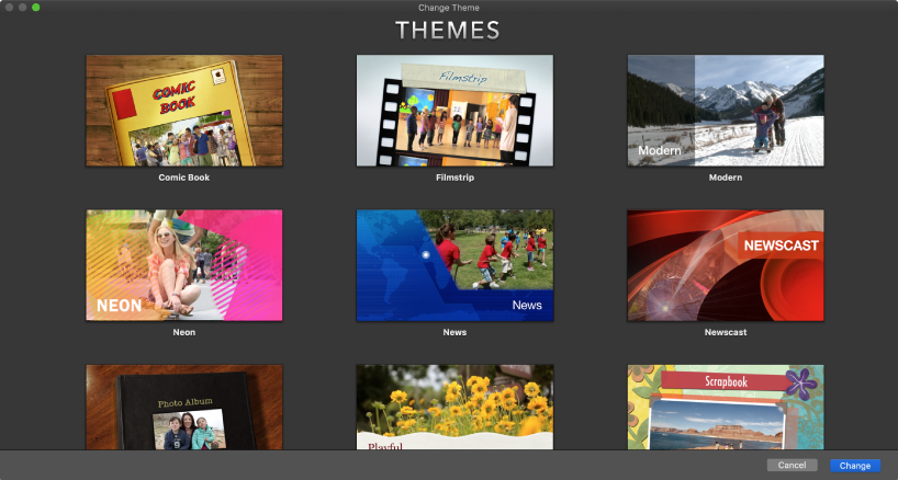 Change Theme window showing thumbnails of movie themes