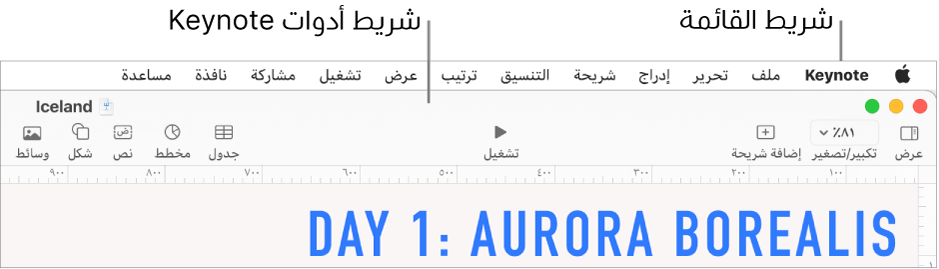 شريط القائمة في الجزء العلوي من الشاشة وبه قوائم Apple وKeynote وملف وتحرير وإدراج وتنسيق وترتيب وعرض ومشاركة ونافذة ومساعدة. أسفل شريط القائمة يوجد عرض تقديمي في Keynote مفتوح به أزرار شريط الأدوات على امتداد الجزء العلوي لكل من عرض وتكبير/تصغير وإضافة شريحة وتشغيل وKeynote Live وجدول ومخطط ونص وشكل ووسائط وتعليق.