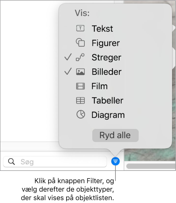 Lokalmenuen Filter åben med en liste med de typer objekter, listen kan indeholde (tekst, figurer, streger, billeder, film, tabeller og diagrammer).