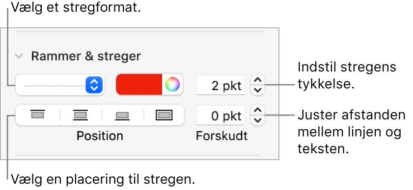 Betjeningsmuligheder til ændring af stregformat, tykkelse, position og farve.