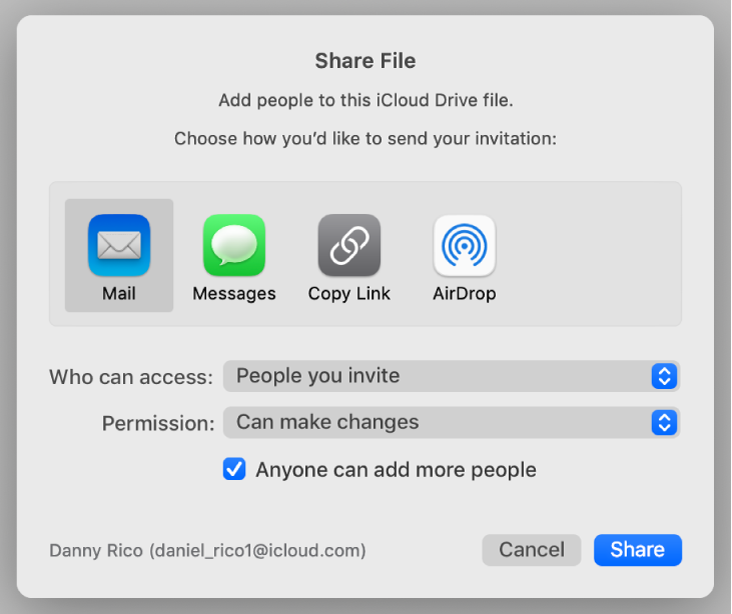 The collaboration settings window with a Share button at the bottom.