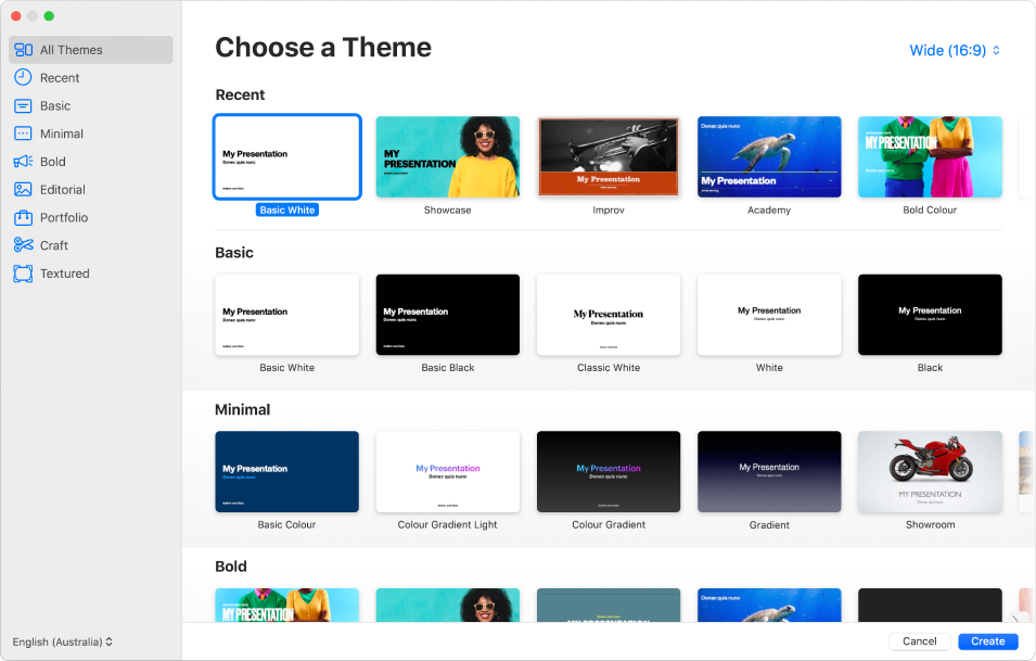The theme chooser. A sidebar on the left lists theme categories you can click to filter options. On the right are thumbnails of pre-designed themes arranged in rows by category. The theme size button is in the top-right corner, where you can set Standard or Wide format. The Language and Region pop-up menu is in the bottom-left corner and Cancel and Create buttons are in the bottom-right corner.