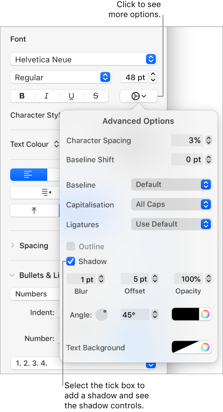 The Advanced Options open with the Shadow tick box selected and controls for setting blur, offset, opacity, angle and colour.