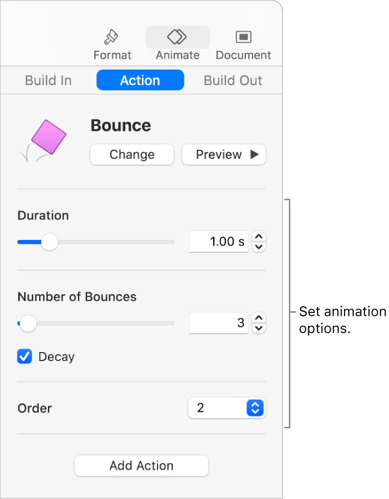 Action controls in the Animate section of the sidebar.
