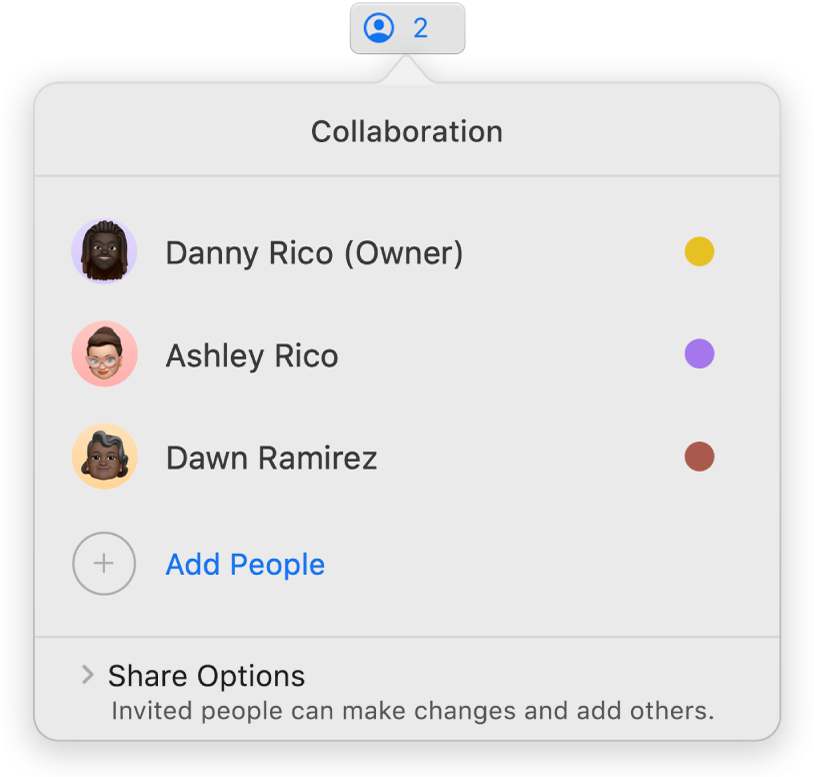 The Collaboration menu showing the names of people collaborating on the presentation. Share options are below the names.