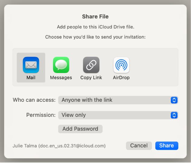 The Share Options section of the collaboration dialog open, with the “Who can access” and the “Permission” menus showing.