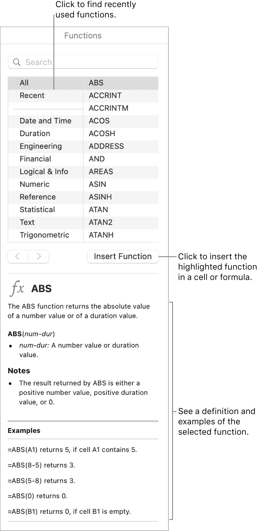 The Function Browser with callouts to recently used functions, the Insert Function button, and the function definition.