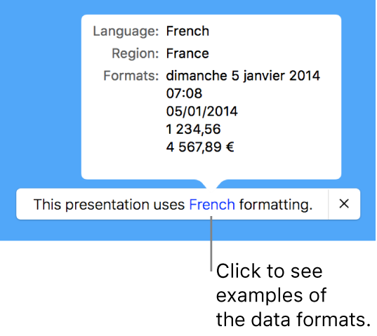 The notification of the different language and region setting, showing examples of the formatting in that language and region.