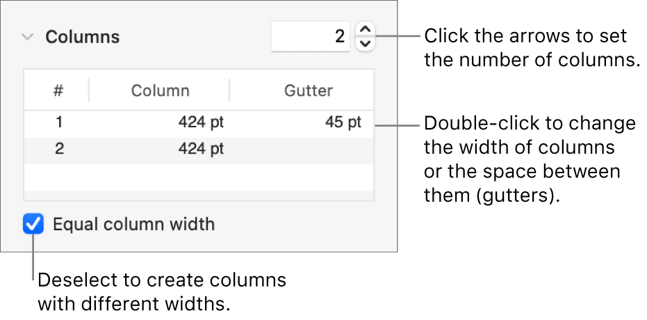 Controls in the columns section for changing the number of columns and the width of each column.