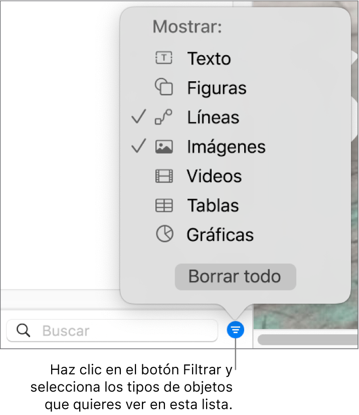 El menú desplegable Filtrar abierto, con una lista de los tipos de objeto que puedes incluir la lista (texto, formas, líneas, imágenes, videos, tablas y gráficas).