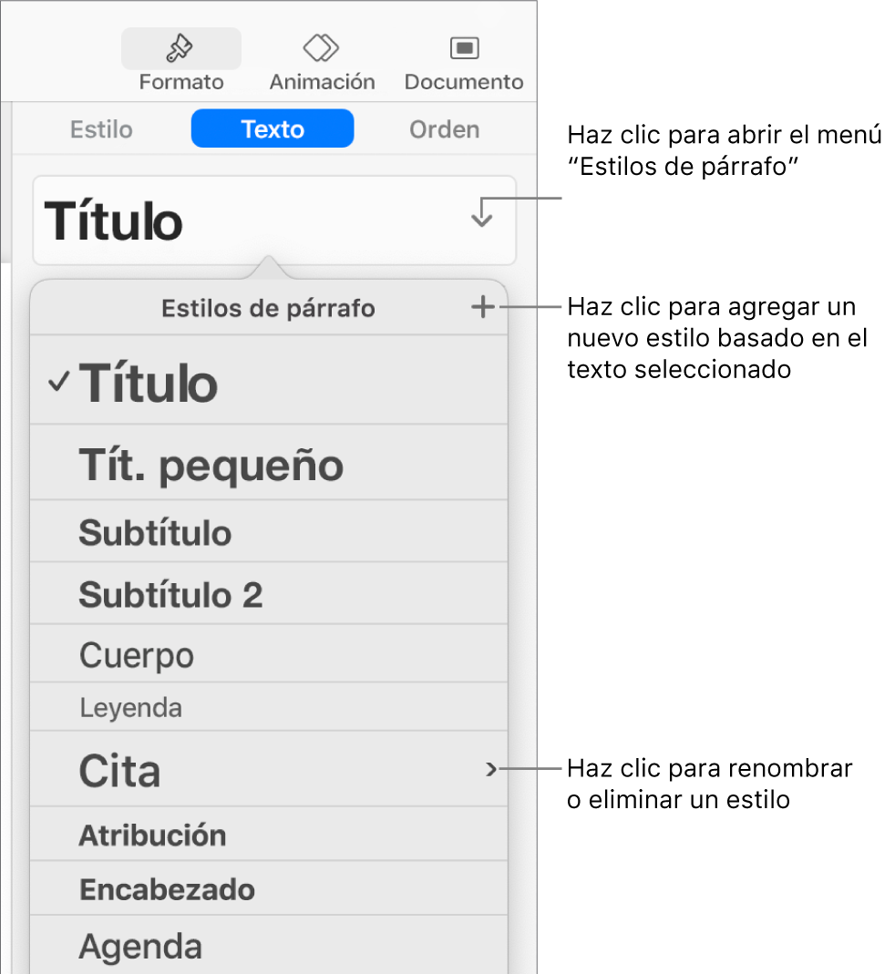 El menú “Estilos de párrafo” muestra controles para agregar o cambiar un estilo.