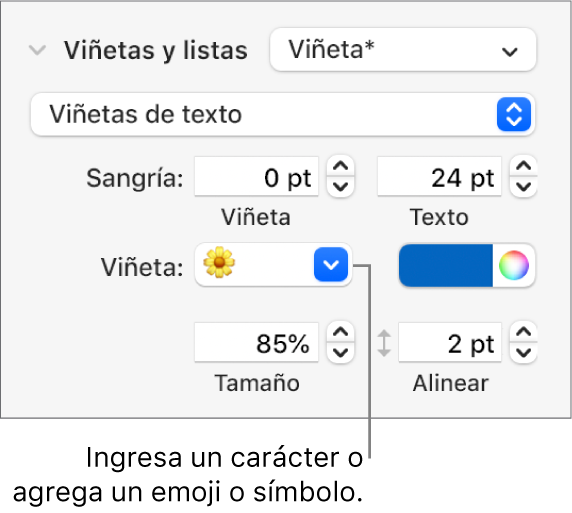 La sección “Viñetas y listas” de la barra lateral Formato. El campo Viñetas muestra un emoji de flor.