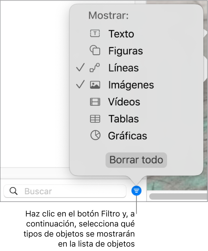 El menú desplegable Filtrar abierto, con una lista de los tipos de objeto que puedes incluir la lista (texto, formas, líneas, imágenes, vídeos, tablas y gráficas).