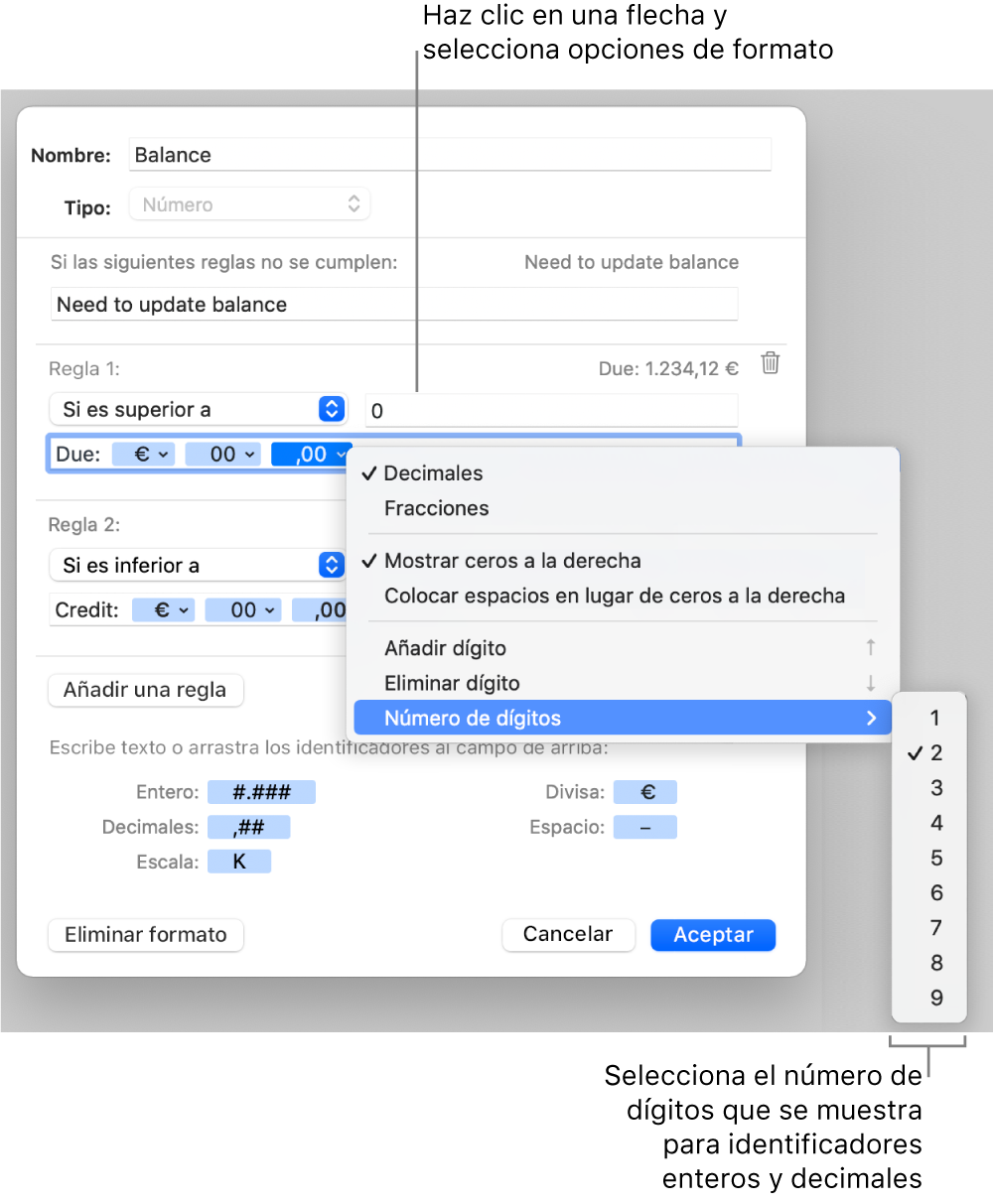 Ventana de formato de celda personalizado con controles para crear un formato numérico personalizado.