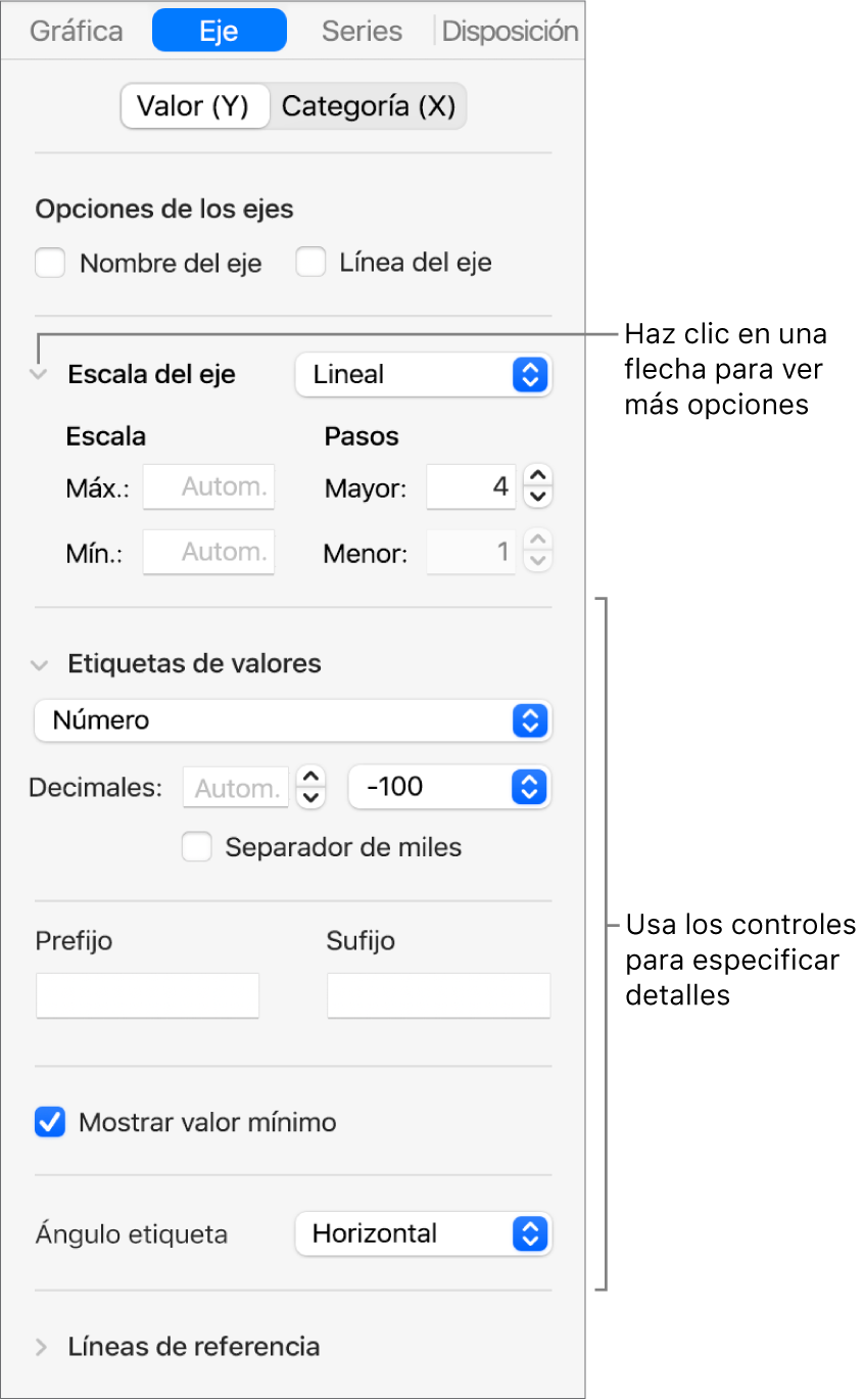 Controles para dar formato a las marcas de eje de una gráfica.