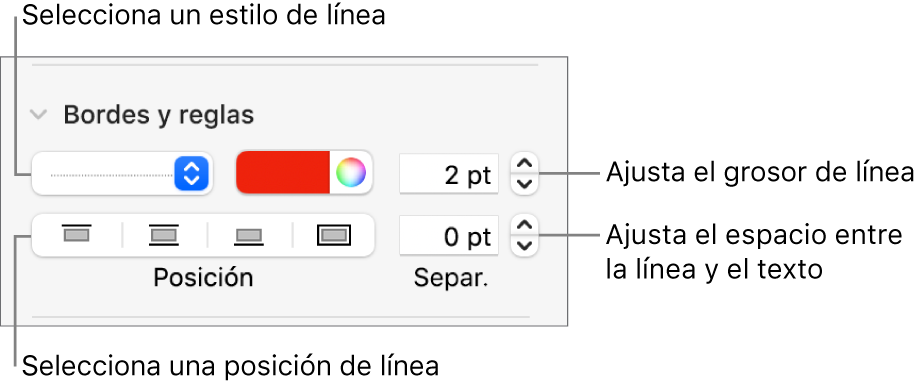 Controles para cambiar el estilo de línea, grosor, posición y color.