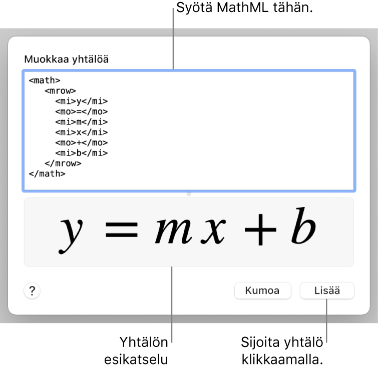 Muokkaa yhtälöä -kentässä on suoran kulmakertoimen yhtälö ja alla kaavan esikatselu.