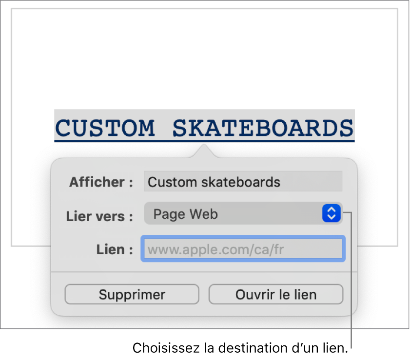 Les commandes de l’éditeur de liens avec les champs Affichage et Lien ainsi que le menu contextuel Liens vers (destination : Page Web). Les boutons Supprimer et Ouvrir le lien se trouvent au bas des commandes.