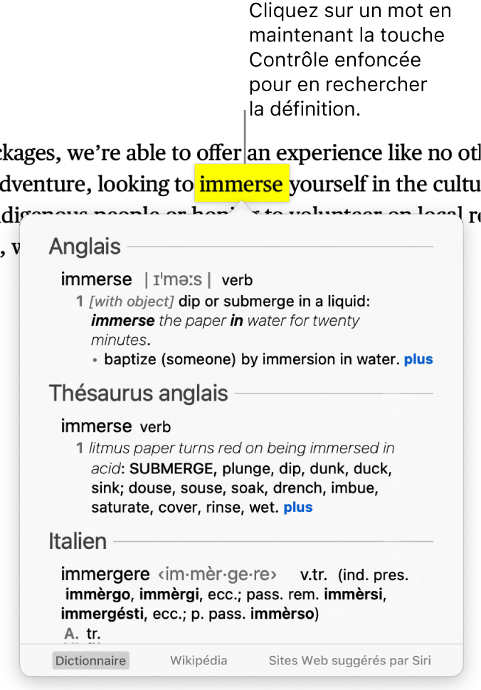Un texte avec un mot surligné et une fenêtre contenant sa définition et des synonymes. Deux boutons en bas de la fenêtre fournissent des liens vers le dictionnaire et vers Wikipédia.