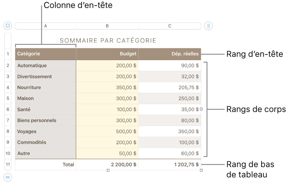 Tableau affichant des rangées et des colonnes d’en-tête, de corps et de bas de tableau, et poignées pour ajouter ou supprimer des rangées ou des colonnes.