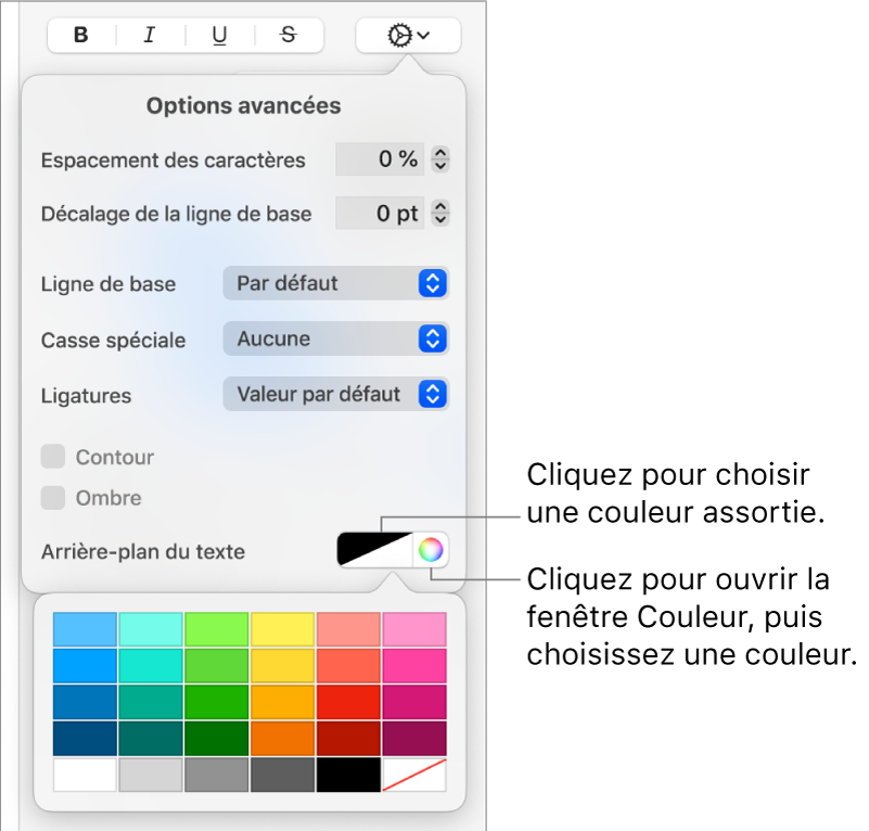 Commandes pour la sélection d’une couleur d’arrière-plan pour le texte.