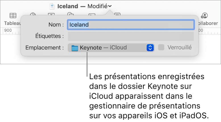 Zone de dialogue d’enregistrement d’une présentation avec Keynote (iCloud dans le menu contextuel Emplacement).