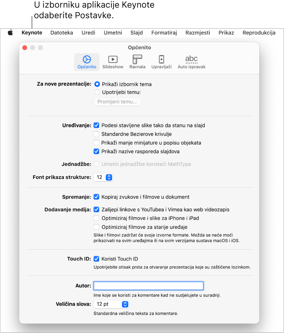 Prozor postavki aplikacije Keynote otvara se u prozoru Općenito.