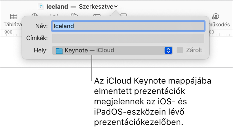 A Mentés párbeszédpanel Keynote – iCloud prezentáció esetében a Hely előugró menüben.