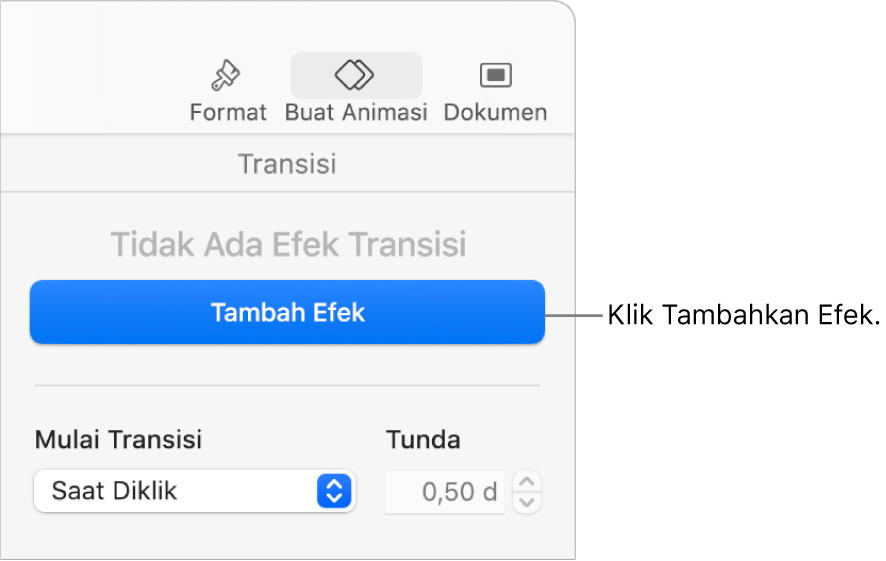 Tambahkan tombol Efek di bagian Buat Animasi pada bar samping.