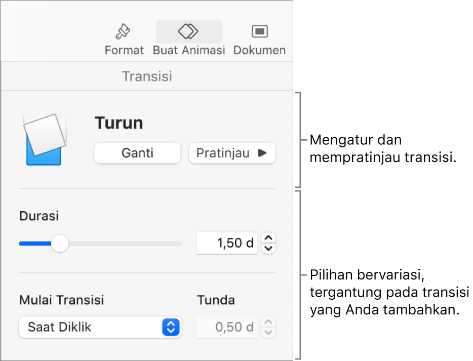 Kontrol Transisi di bagian Transisi pada bar samping.