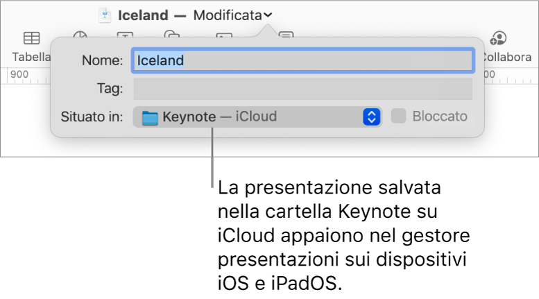 Finestra di dialogo Salva per una presentazione con Keynote—iCloud nel menu a comparsa Dove.