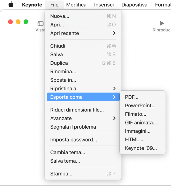 Menu File aperto con l'opzione “Esporta come” selezionata e il sottomenu che include le opzioni di esportazione per PDF, PowerPoint, Filmati, HTML, Immagini e Keynote ’09.