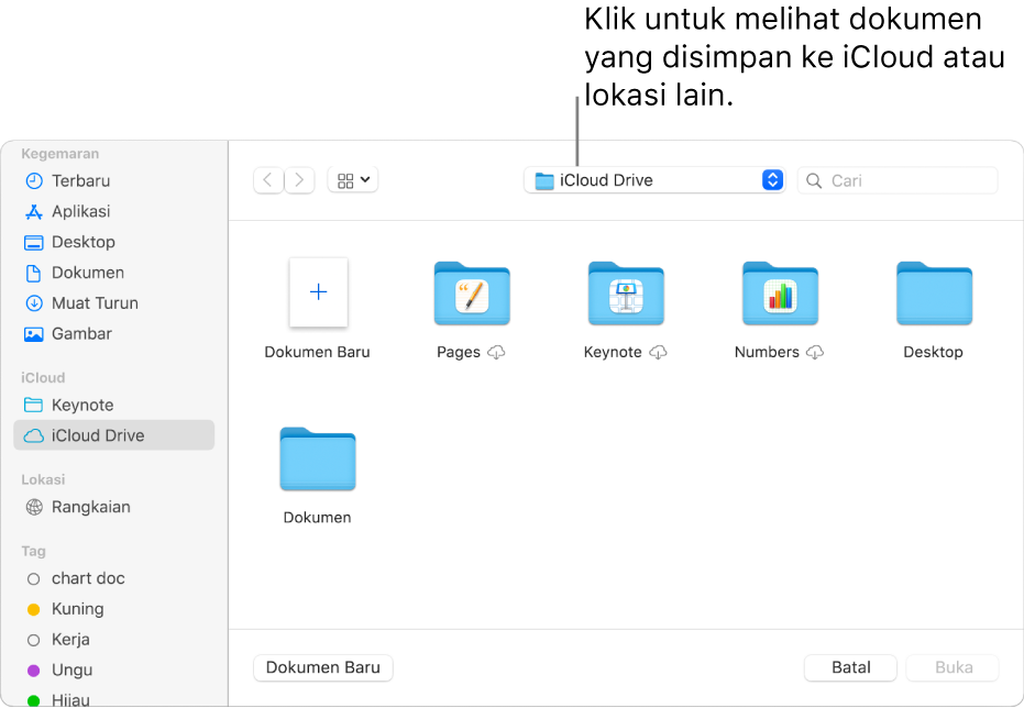 Dialog Buka dengan bar sisi dibuka pada bahagian kiri dan iCloud Drive dipilih dalam menu timbul di bahagian atas. Folder untuk Keynote, Numbers dan Pages muncul dalam dialog, bersama dengan butang Dokumen Baharu.