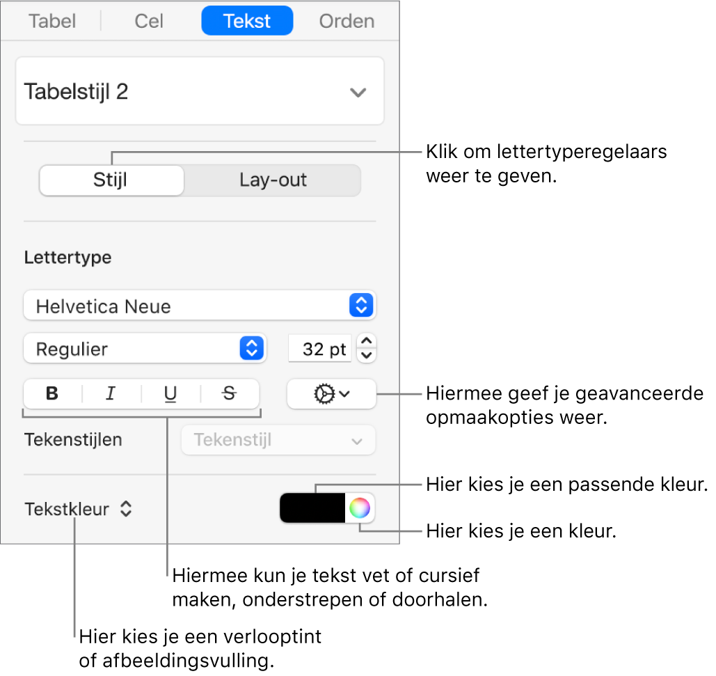 De regelaars voor tabeltekststijlen.