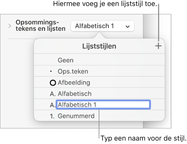 Het venstermenu 'Lijststijlen' met een plusknop in de rechterbovenhoek en een tijdelijke stijlnaam waarvan de tekst geselecteerd is.